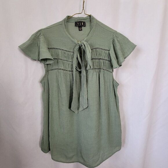 O.L.M. Medium Green Top Front Tie Gauze BOHO flutter sleeves crochet hippie EUC - Picture 1 of 10